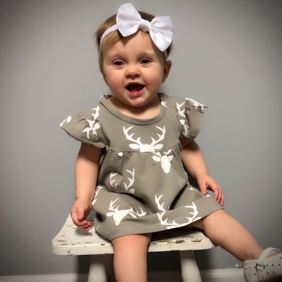 Gray & White Deer Print Baby Infant Dress - Picture 3 of 8